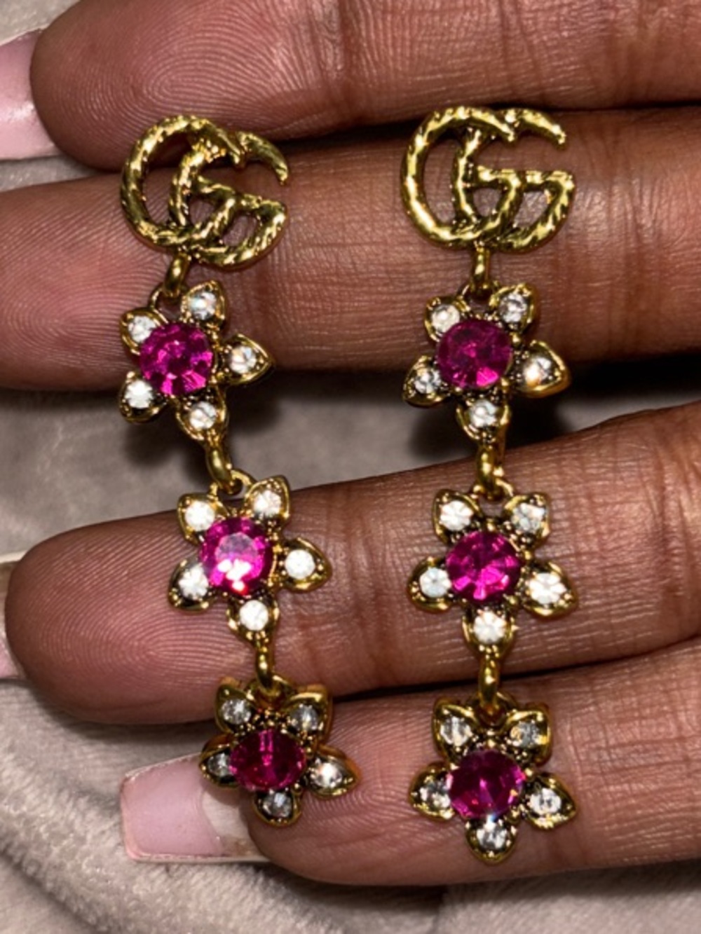 GG Gold-Tone Pink Crystal Flower Drop Earrings
